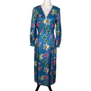 Iris & Ink Blue Silk Floral Long Sleeve Dress